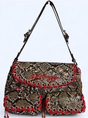 Ed Hardy Snake Skin Shoulder Bag with Red Trim